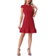thumbnail image 1 of Vestido rojo de mujer con mangas cortas, cuello redondo, con volantes en la parte inferior y por encima de la rodilla, 1 of 6
