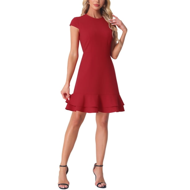 Vestido rojo de mujer con mangas cortas, cuello redondo, con volantes en la parte inferior y por encima de la rodilla