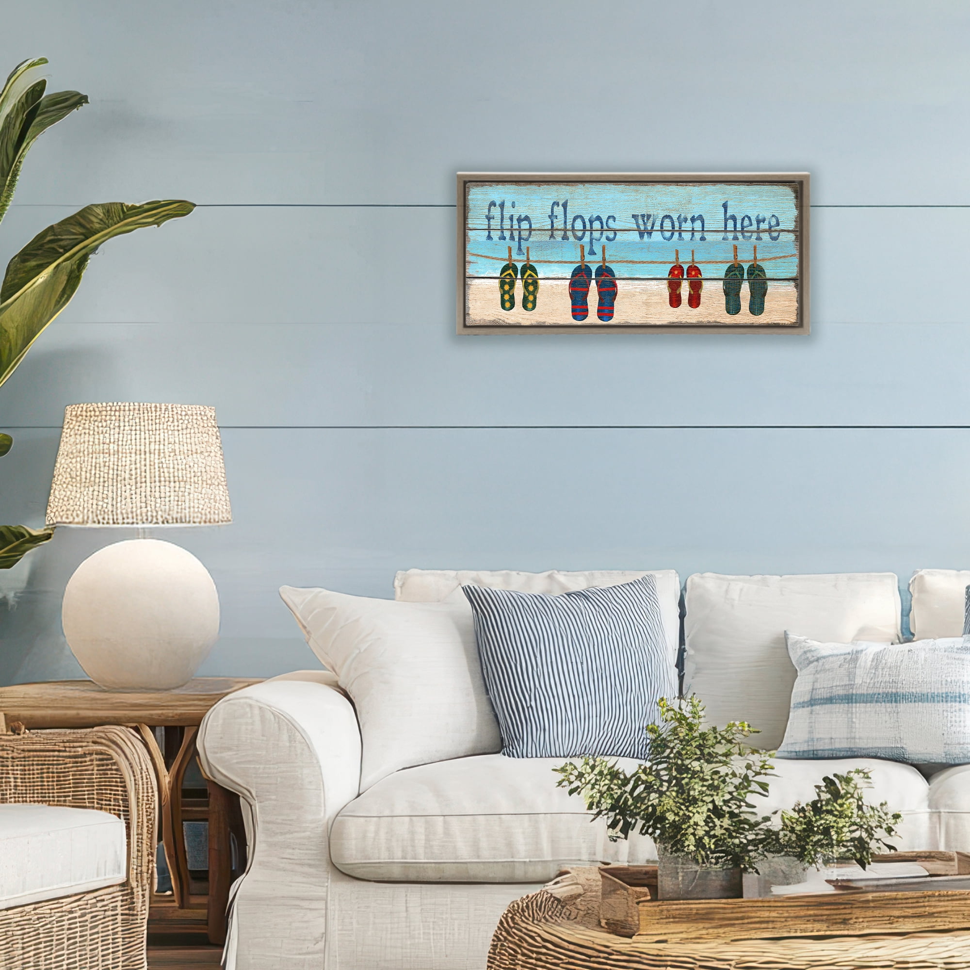 Stupell Industries Flip Flops Worn Here Brown Framed Floater Canvas Wall Art, design by Gail Fraser