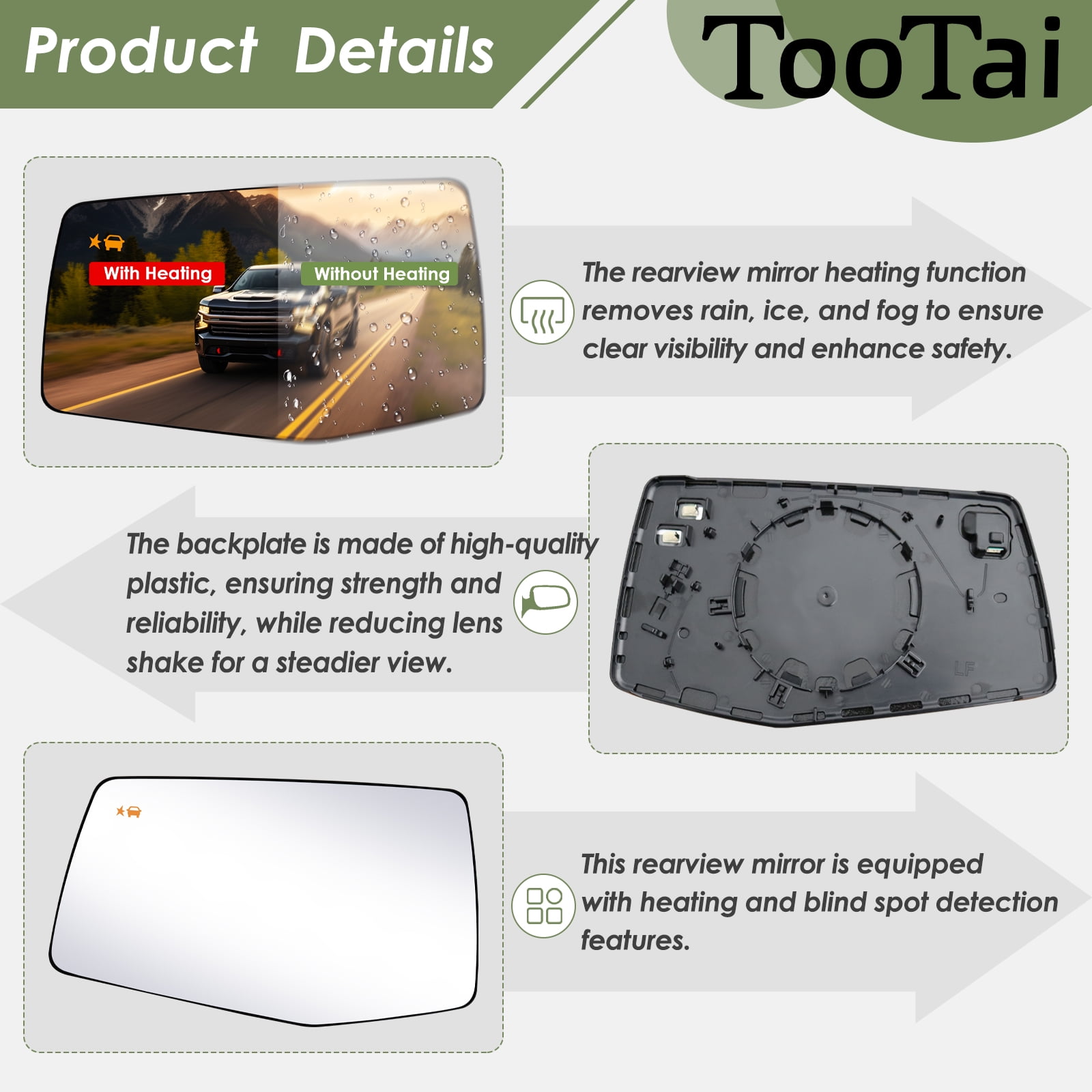 Driver Side Replacement Mirror Glass - compatible with Chevy & GMC vehicles - Silverado 1500 2019-2024, Sierra 1500 2019-2024 - Heated with Blind Spot Detection, w/o auto dimming, LH, 84309707