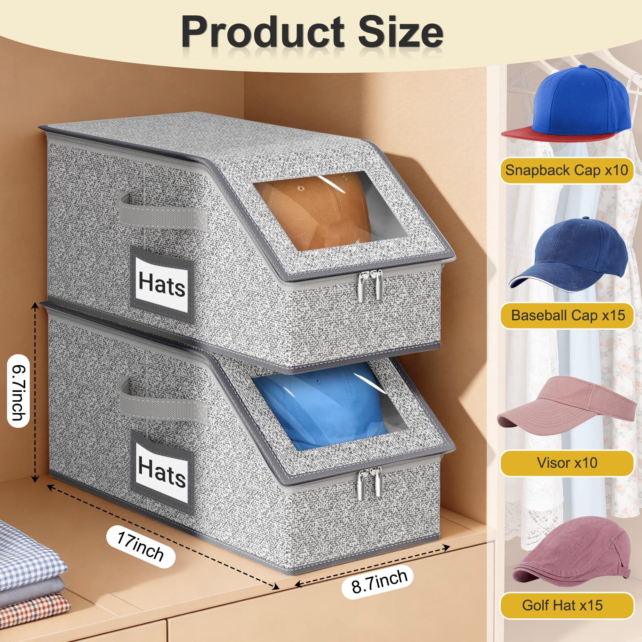 2‑Pack Hat Storage Box, Fabric Baseball Cap Organizer, Dustproof Cap Hat Storage Bin with Visible Window, Zipper & Handle for Closet Wardrobe Hats Clothes Toys Scarves