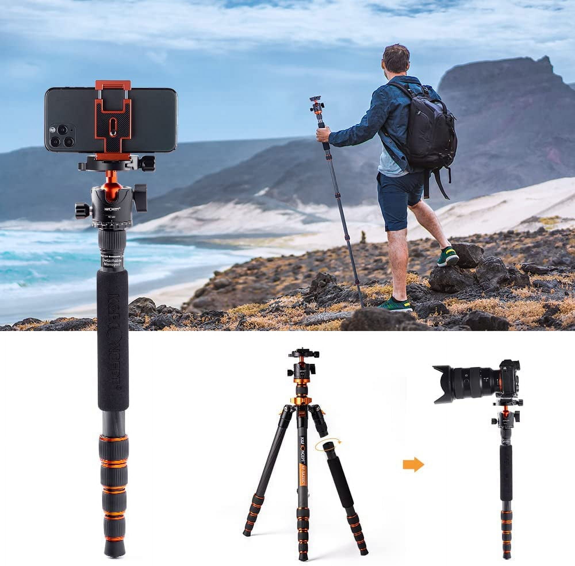 K&F CONCEPT 68" Carbon Fiber Camera Tripod,Compact Tripods with Metal Ball Head,Quick Release Plate,Detachable Monopod 10KG Load for DSLR Cellphone Tripods