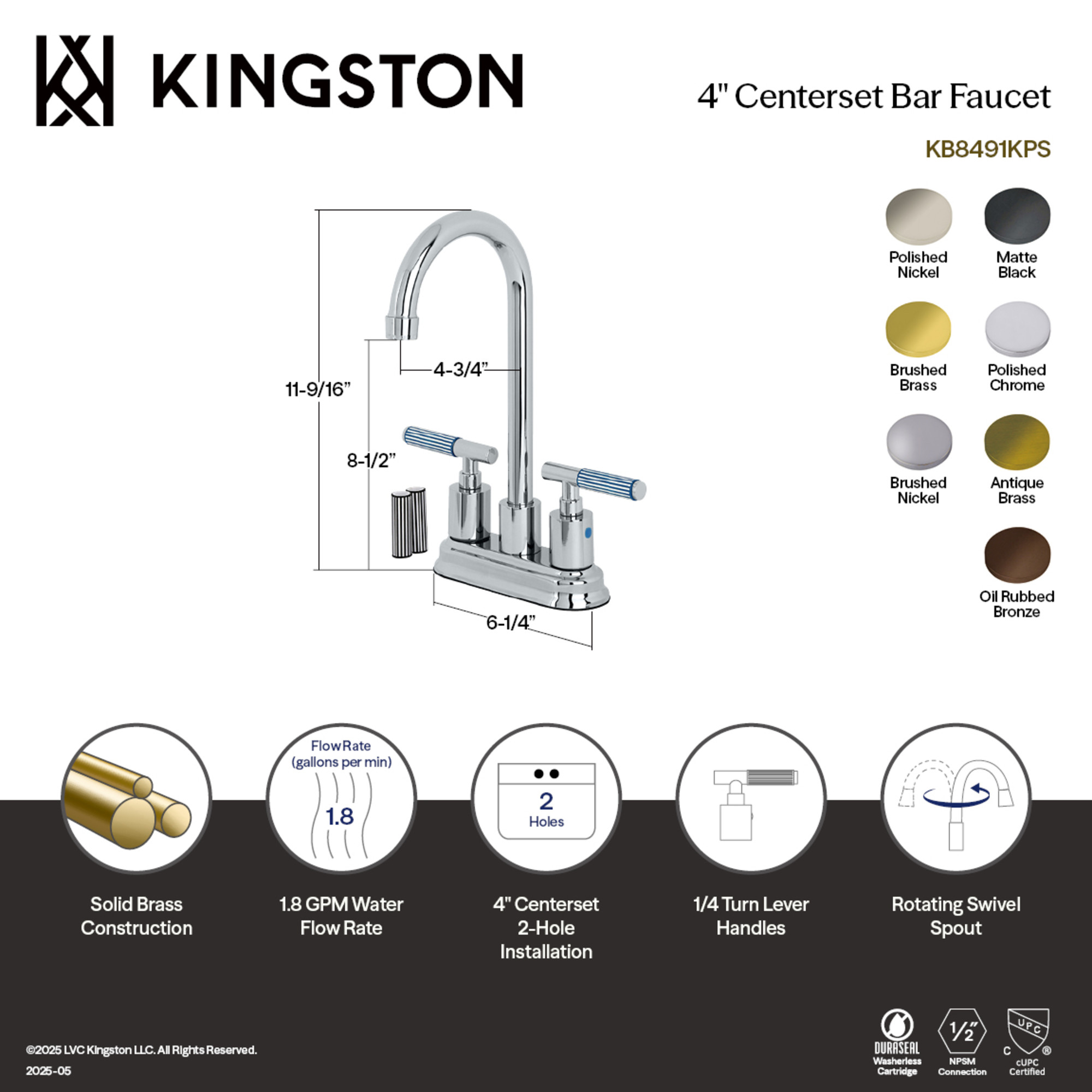 Kingston Brass KB8490KPS Verona Double-Handle 4" Centerset Bar Faucet, Matte Black