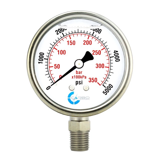CARBO Instruments Medidor de presión de acero inoxidable con doble pantalla (0-5000 psi/kPa) - 2 1-2"" Medidor de gas de aceite de aire lleno de líquido de glicerina con lente de policarbonato y conex
