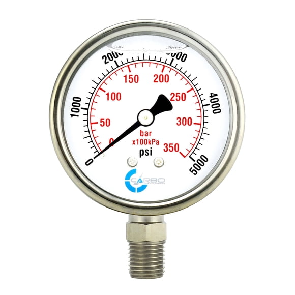 CARBO Instruments Medidor de presión de acero inoxidable con doble pantalla (0-5000 psi/kPa) - 2 1-2"" Medidor de gas de aceite de aire lleno de líquido de glicerina con lente de policarbonato y conex