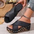 thumbnail image 3 of Rokment Leopard Platform Wedge Sandals for Women Fashion Casual Studded Cross-Band Leather Open Toe Backless Slip on Chunky High Heels Dress Slides Beach Summer Comfortable Black Size 6, 3 of 7