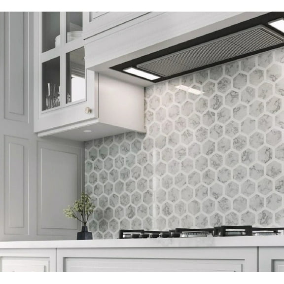 Apollo Tile   5 Pack White and Gray 10.6-in. x 11.8-in. Hexagon Polished Marble Mosaic Tile (4.34 Sq ft/case)