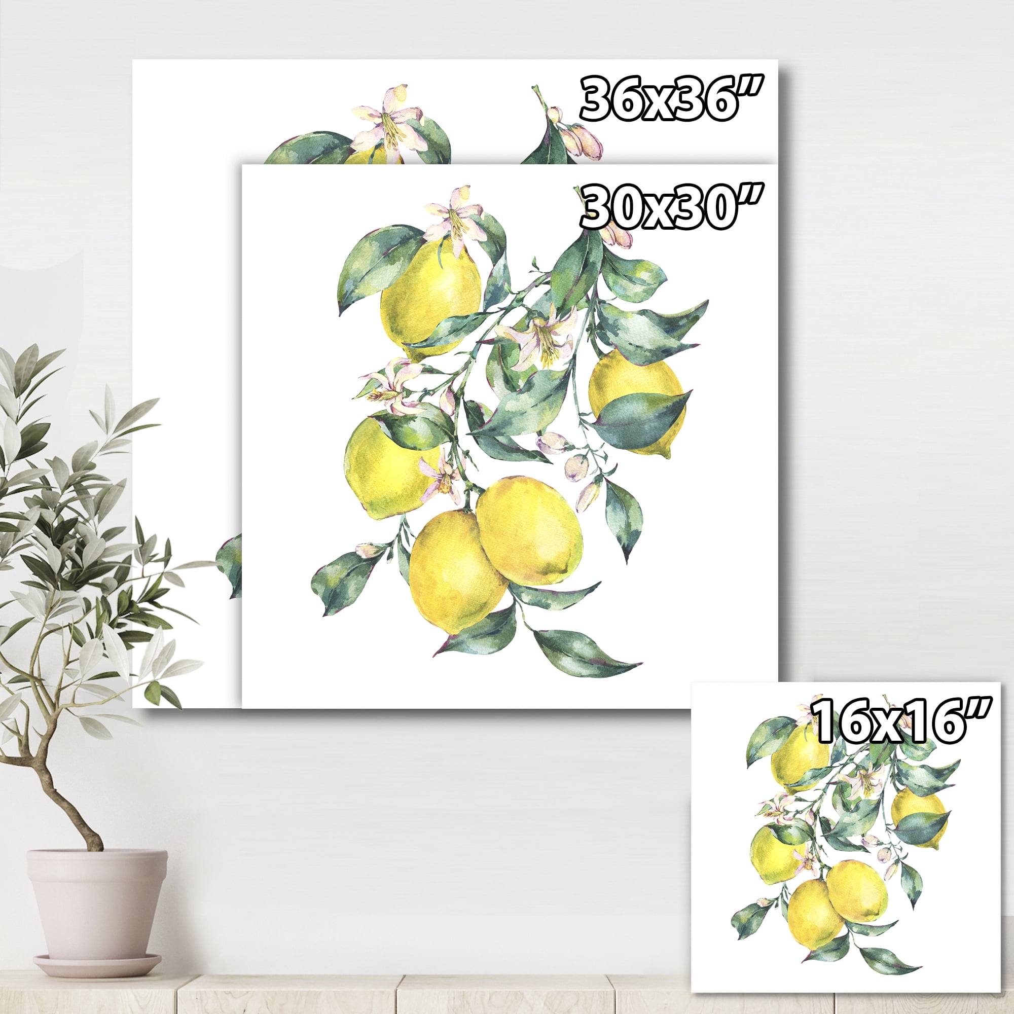 Branch of Leaves and Yellow Lemons I 30 in x 30 in Painting Canvas Art Print, by Designart