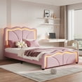 thumbnail image 4 of Harper & Bright Designs Upholstered Platform Bed with Curve Shaped and Height-adjustbale Headboard, Twin Size PU Platform Bedframe with LED Light Strip, Pink, 4 of 9
