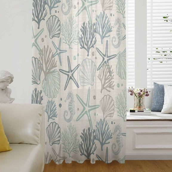 Aqua Teal Coastal Semi Sheer Curtains Drapes for Living Room,Bedroom,French Doors Window 72 Inches Long,Summer Beach Starfish Coral Nautical Rustic Rod Pocket Chiffon Curtain Drapery Voile Panel