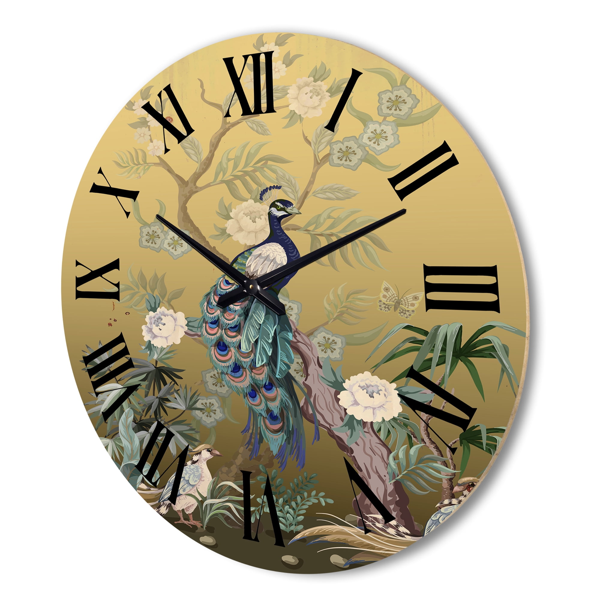 Designart 'Chinoiserie With Peonies and Birds VI' Traditional Wood Wall Clock