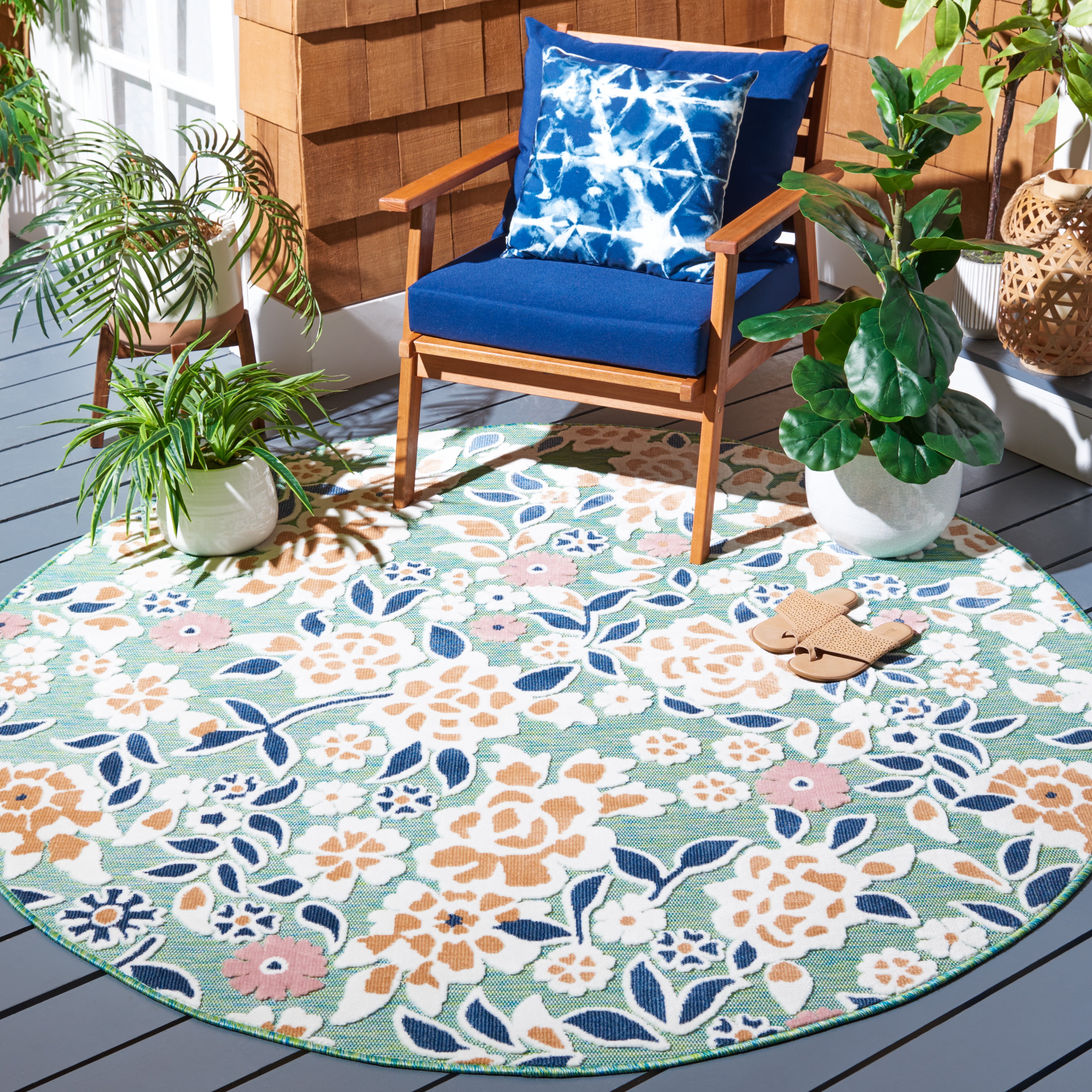 SAFAVIEH Cabana Tobias Floral Indoor/Outdoor Area Rug, Green/Navy, 4' x 4' Round