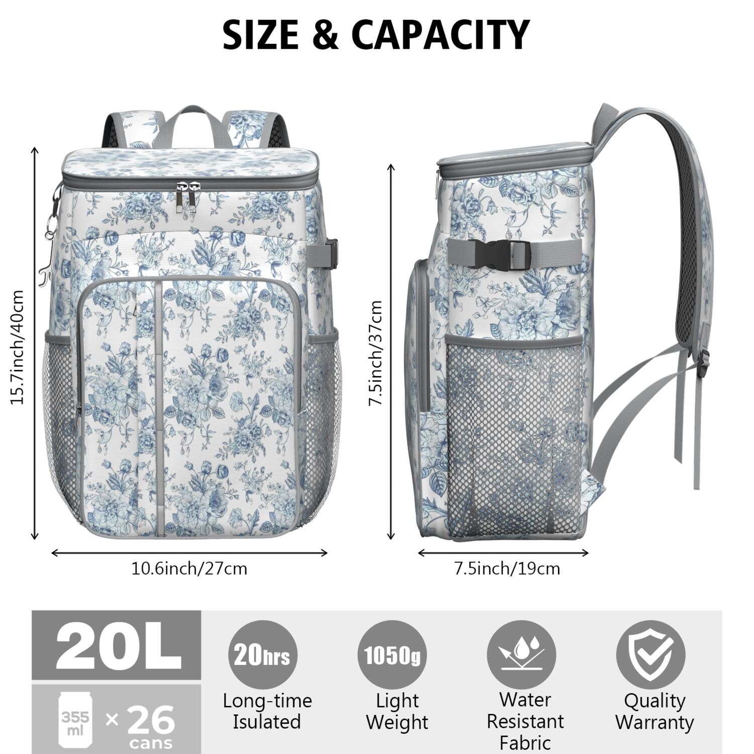 Travel Cooler Bag - Pioneer Flower Floral Print Pattern Camping Beer Cooler Backpack with Bottle Opener- Waterproof Insulated Picnic Backpacks - Cooler Bag for Beach