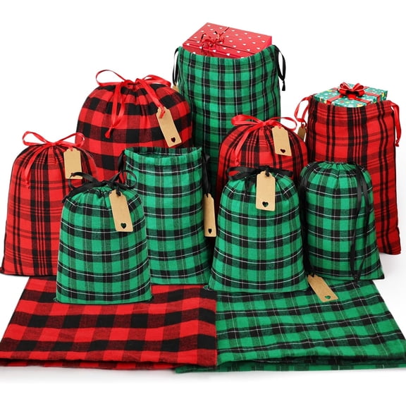 Fabric Christmas Gift Bags Assorted (Large 20in, Medium 16in, Small 12in), 9pcs Cotton Gift Wrapping Sacks Cloth Pouches for Xmas Presents
