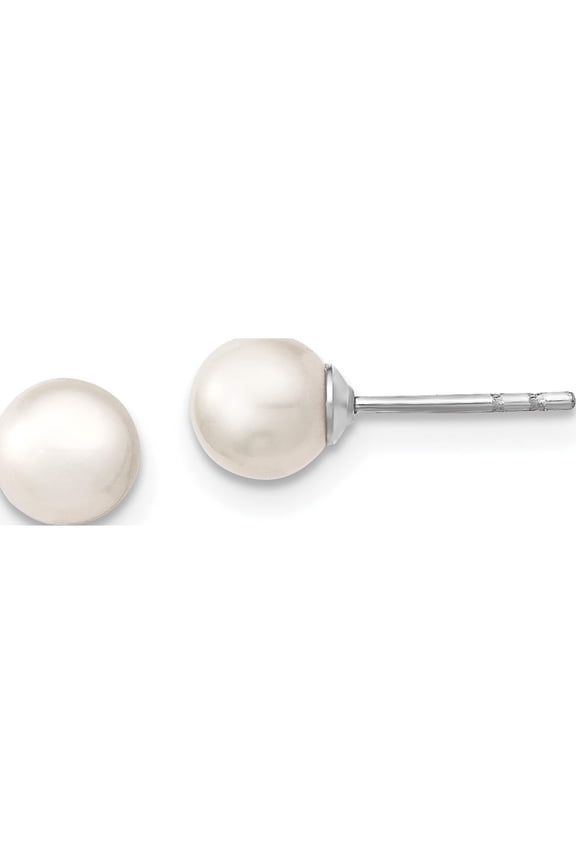 Sterling Silver Rh 5-6mm White Fw Cultured Round Pearl Stud Earrings Made In Canada qe12732