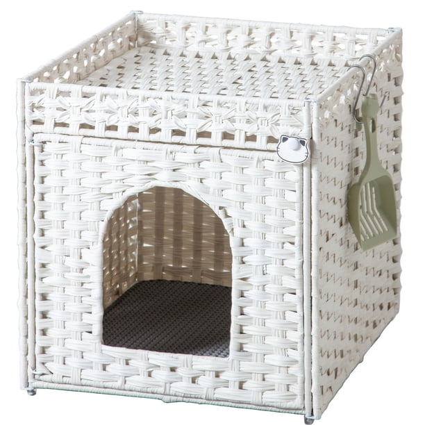 Caja de arena para gatos SETVSON de ratán con alfombrilla de arena para gatos, color blanco