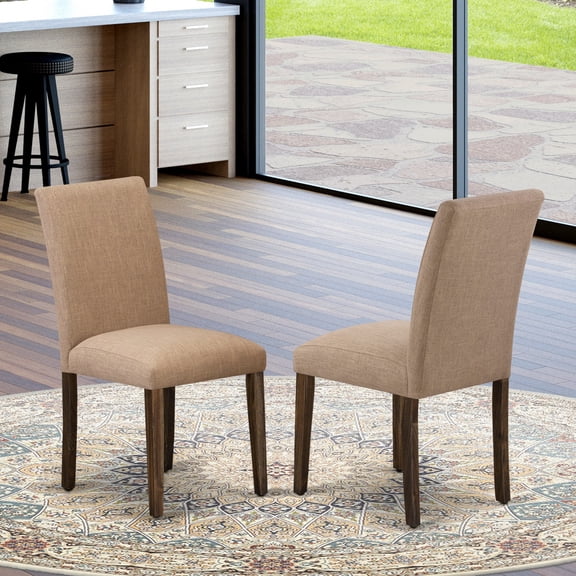 East West Furniture ABP7T47 - Set of 2 - Wooden Dining Chairs- Upholstered Dining Chair Includes Distressed Jacobean Hardwood Frame with Light Sable Linen Fabric Seat and Simple Back