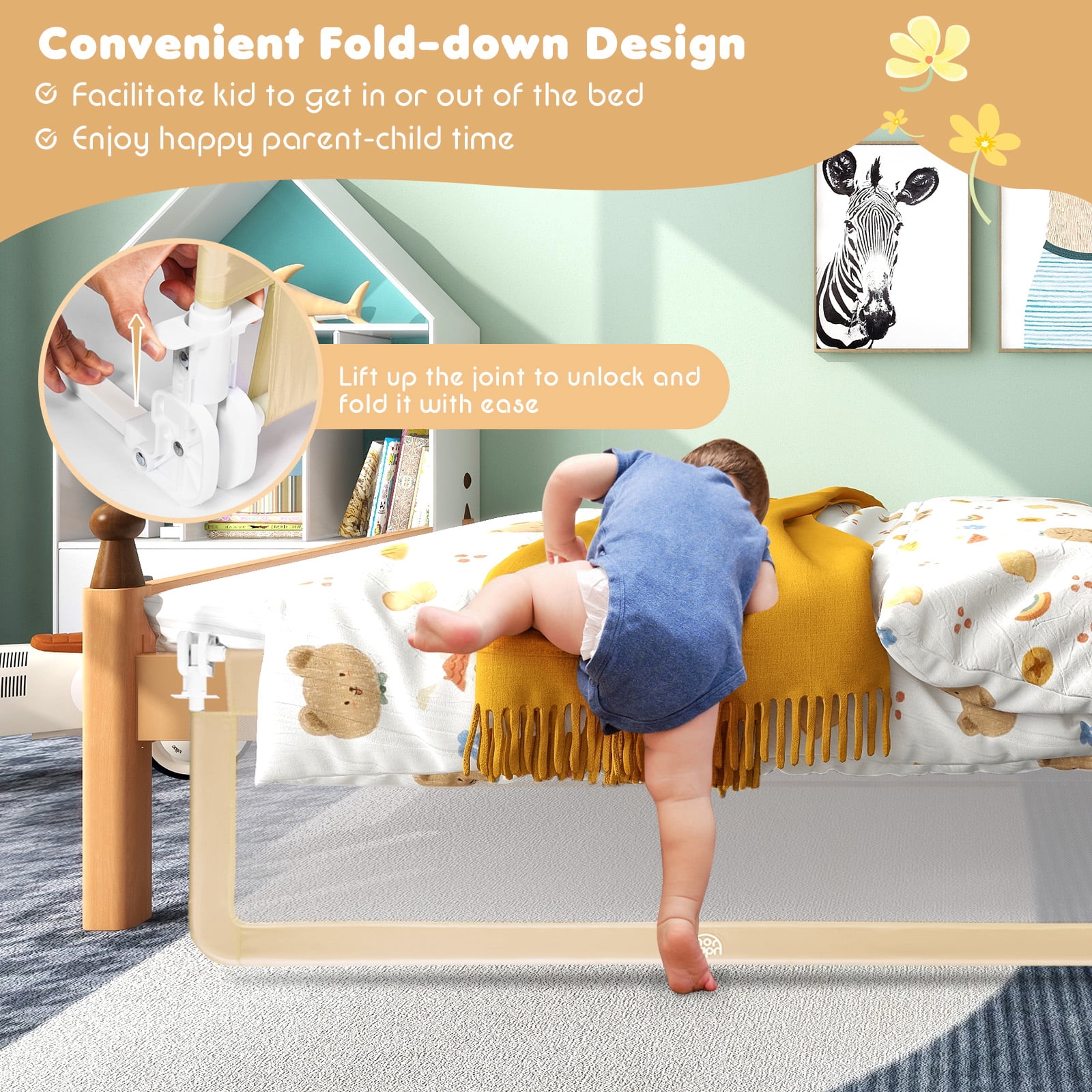 Infans 59" Breathable Baby Children Toddlers Bed Rail Guard Safety Swing Down Beige