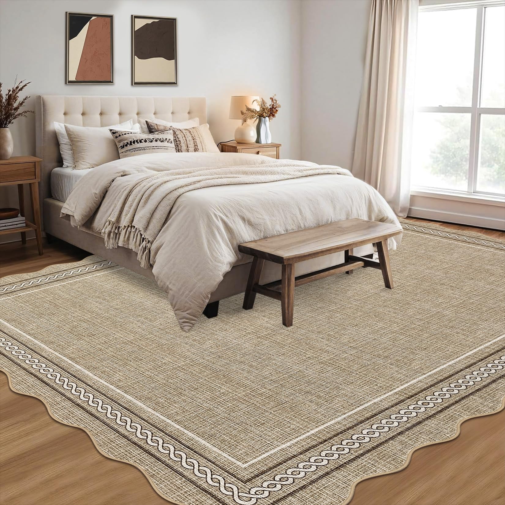 5*7FT Scalloped Washable 5x7 Area Rugs for Living Room, Non Slip Jute Printed Rug Soft Non Shedding Bedroom Rugs Foldable Low Pile Stain Resistant Carpet for Playroom Nursery Dining Room, Jute Gray