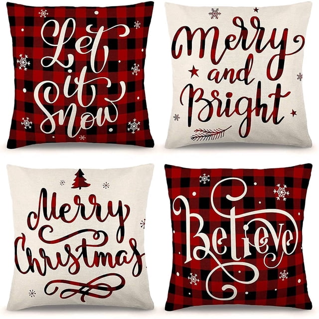 Christmas Pillow Covers 20×20 Inch Set of 4 Farmhouse Black and Red Buffalo Plaid Pillow Covers Holiday Rustic Linen Pillow Case for Sofa Couch Christmas Decorations Throw Pillow Covers