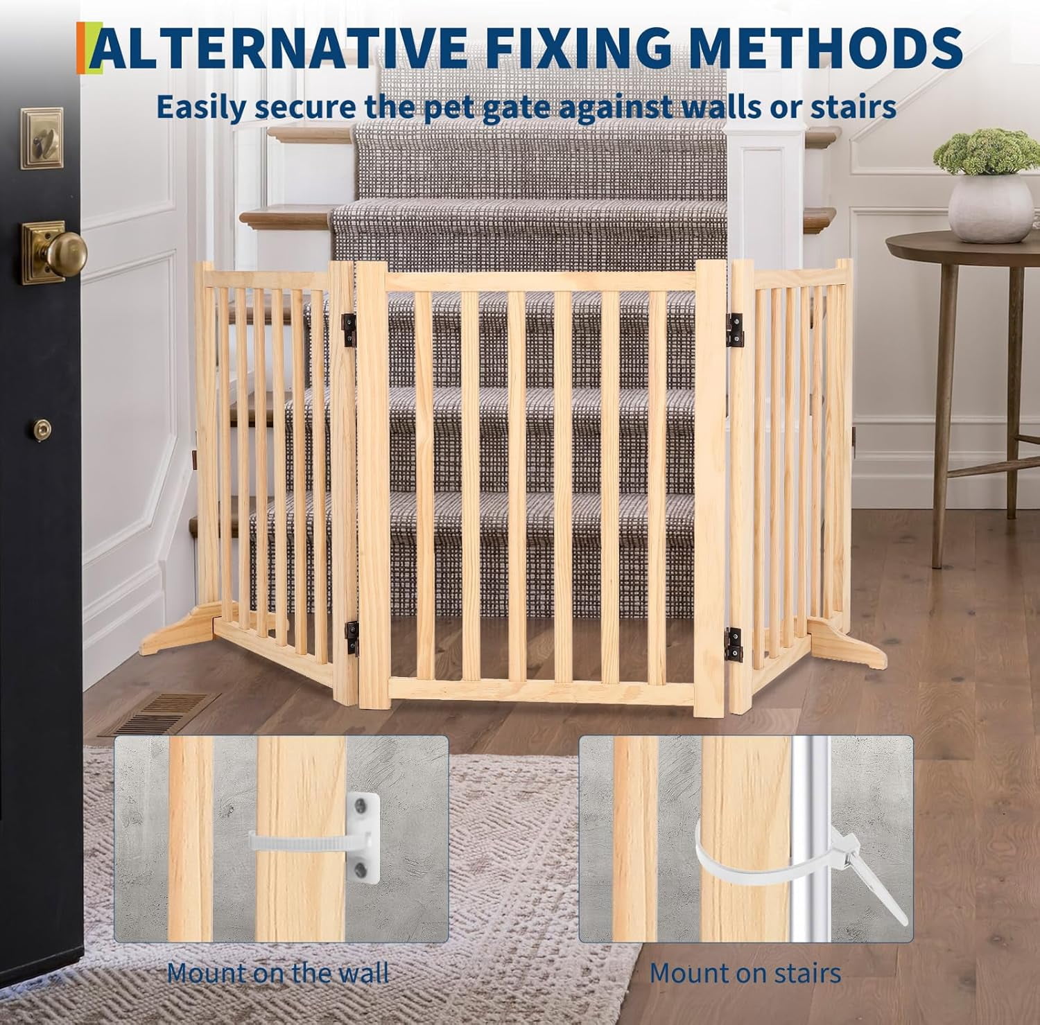 3-Piece 24" Wood Dog Door - Freestanding Pet Door with Non-Slip Pad, No Drilling Required! Hardwood Folding Door for Stairs, Kitchens, Doorways (Natural Wood)