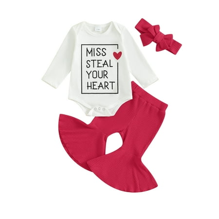 

Qtinghua Newborn Baby Girls Valentine s Day Clothes Long Sleeve Letter Print Romper Flared Pants Headband Set Red 3-6 Months