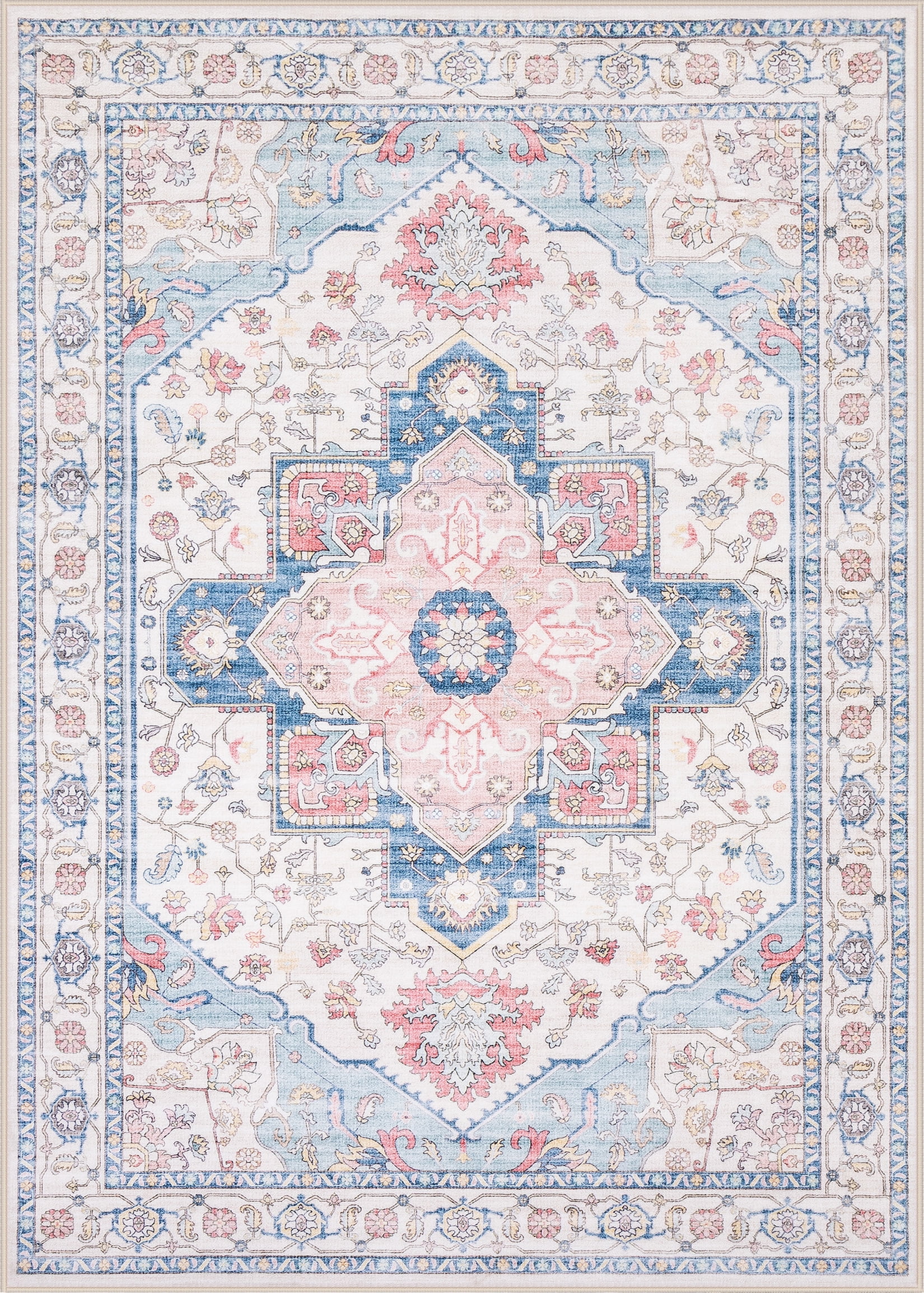 6x9 Area Rug Living Room Rugs - Washable Boho Rug Vintage Oriental Distressed Farmhouse Large Thin Indoor Carpet for Living Room Bedroom Under Dining Table Home Office-PinkBlue