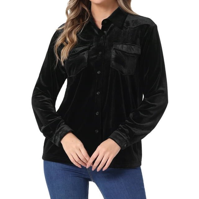 Camisas casuales de botón de manga larga de terciopelo para mujer INSPIRE CHIC S negras