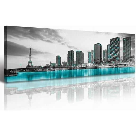 Aaheei Paris Skyline Canvas Wall Art Prints - Black and White Turquoise Teal Green Modern Cityscape Painting, Panorama Artwork for Office, Bedroom, or Living Room Decor