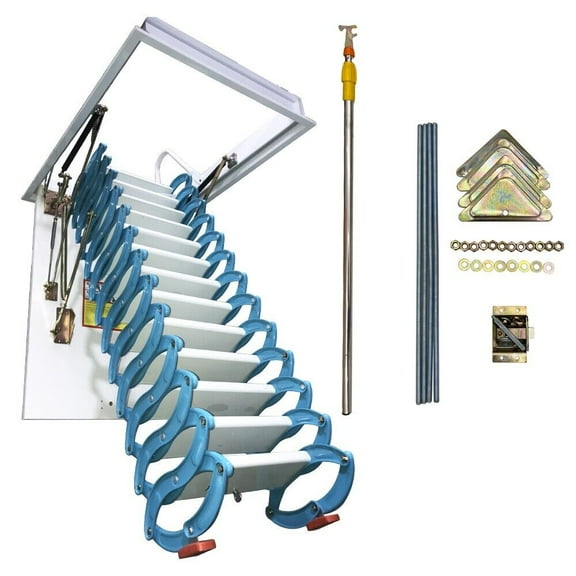 PreAsion Attic Pull Down Ceiling Ladder Stairs Hidden Telescopic Folding Ladder Blue Al-Mg Alloy