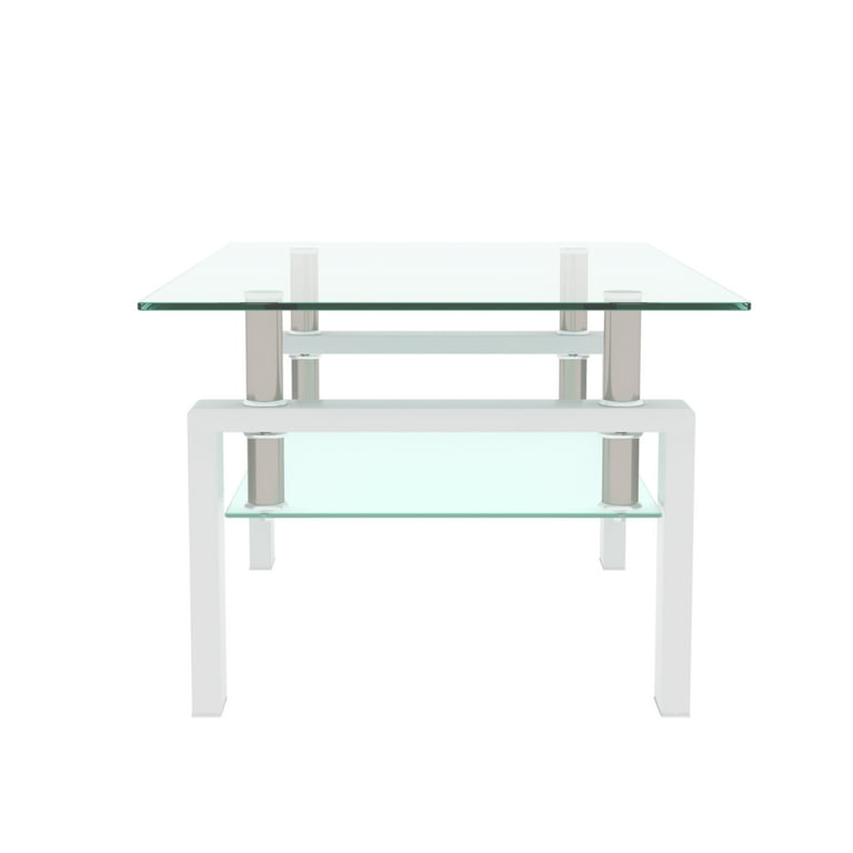White Glossy Leg End Table With Rectangular Clear Glass Top White Glossy Leg End Table With Rectangular Clear Glass Top