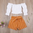 thumbnail image 2 of Kiapeise Little Girl Off Shoulder Long Sleeve T-Shirt+Striped Shorts with Belt, 2 of 7