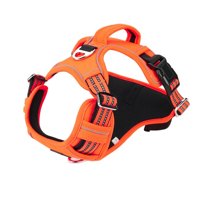 arnés para chaleco para perro gatos sunnimix arnés para mascotas naranja, chaleco 3/4 frontal en tela Oxford acolchada con costuras visibles; 4 correas ajustables y 2 hebillas de liberación rápida negras, anillas metálicas y asa superior para control; interior negro y tiras reflectantes para visibilidad nocturna hasta 50 m; adecuado para perros medianos y grandes con ajuste ergonómico; también suele usarse para caminatas y entrenamiento al aire libre.