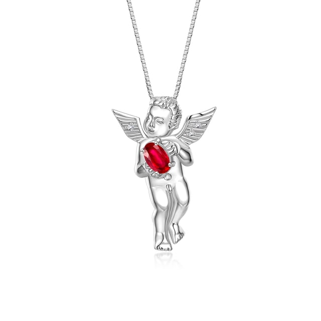 Rylos Sterling Silver Guardian Angel Necklace with 6X4MM Ruby & Sparkling Diamonds - 18" Chain Exquisite Birthstone Jewelry