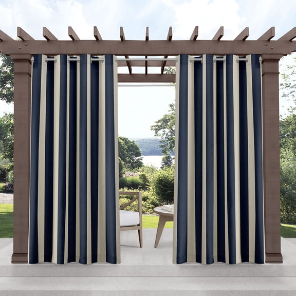 Exclusive Home Canopy Stripe Indoor/Outdoor Grommet Top Curtain Panel Pair, 54"x84", Navy / Sand