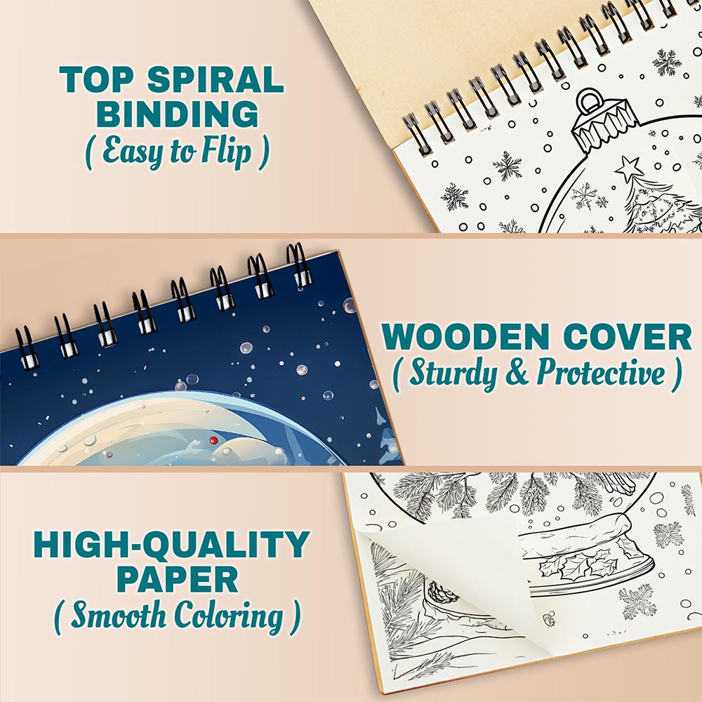 Netecom Snow Globe Coloring Book Spiral Bound for Adults, A5 Wooden Cover, 30 Charming Coloring Pages of Festive Holiday Landscapes for Stress Relief and Relaxation