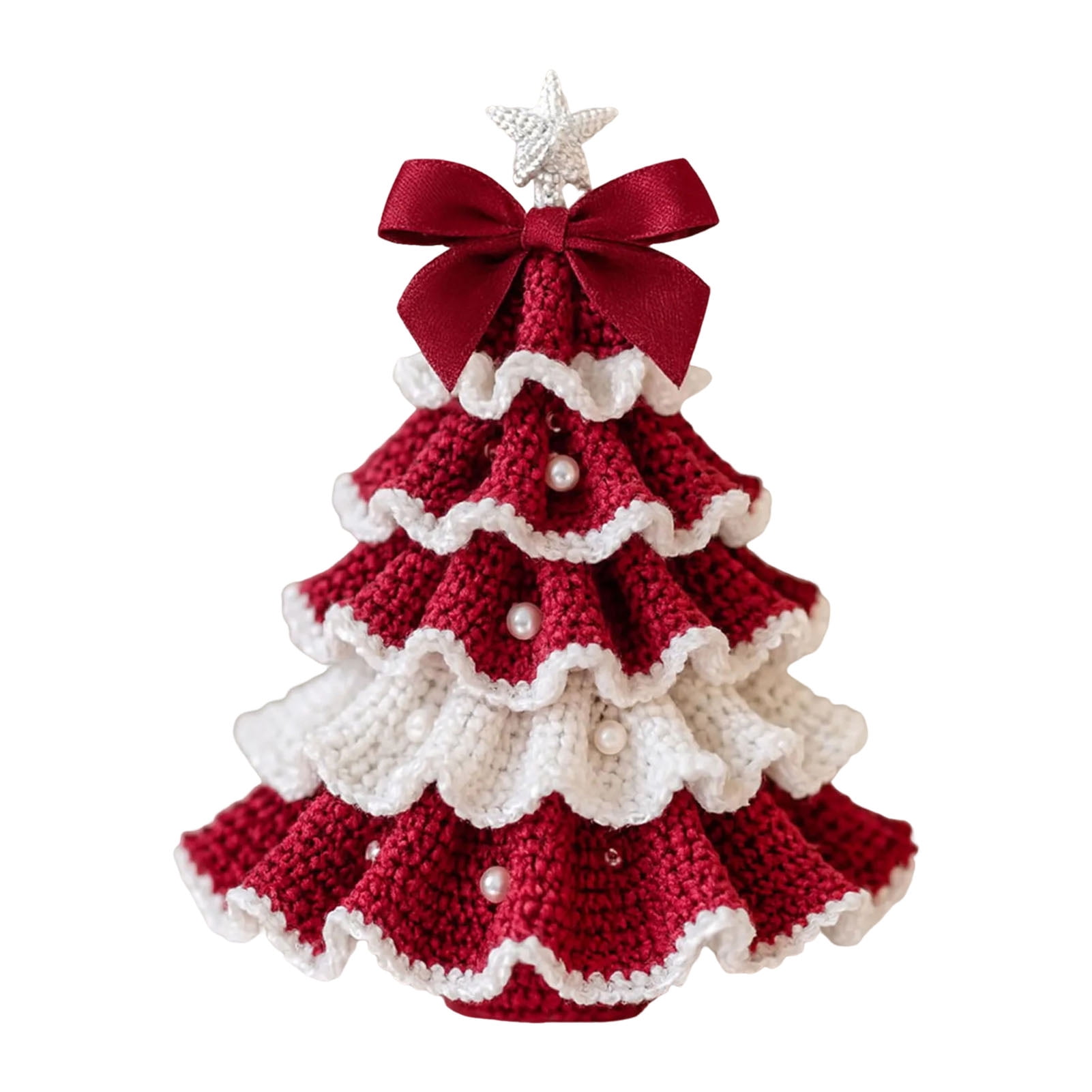 Dserhfy DIY Crochet Christmas Tree Kit Small Xmas Tree Craft Kit with Bow And Faux Pearl Handmade Holiday Decoration for Beginners