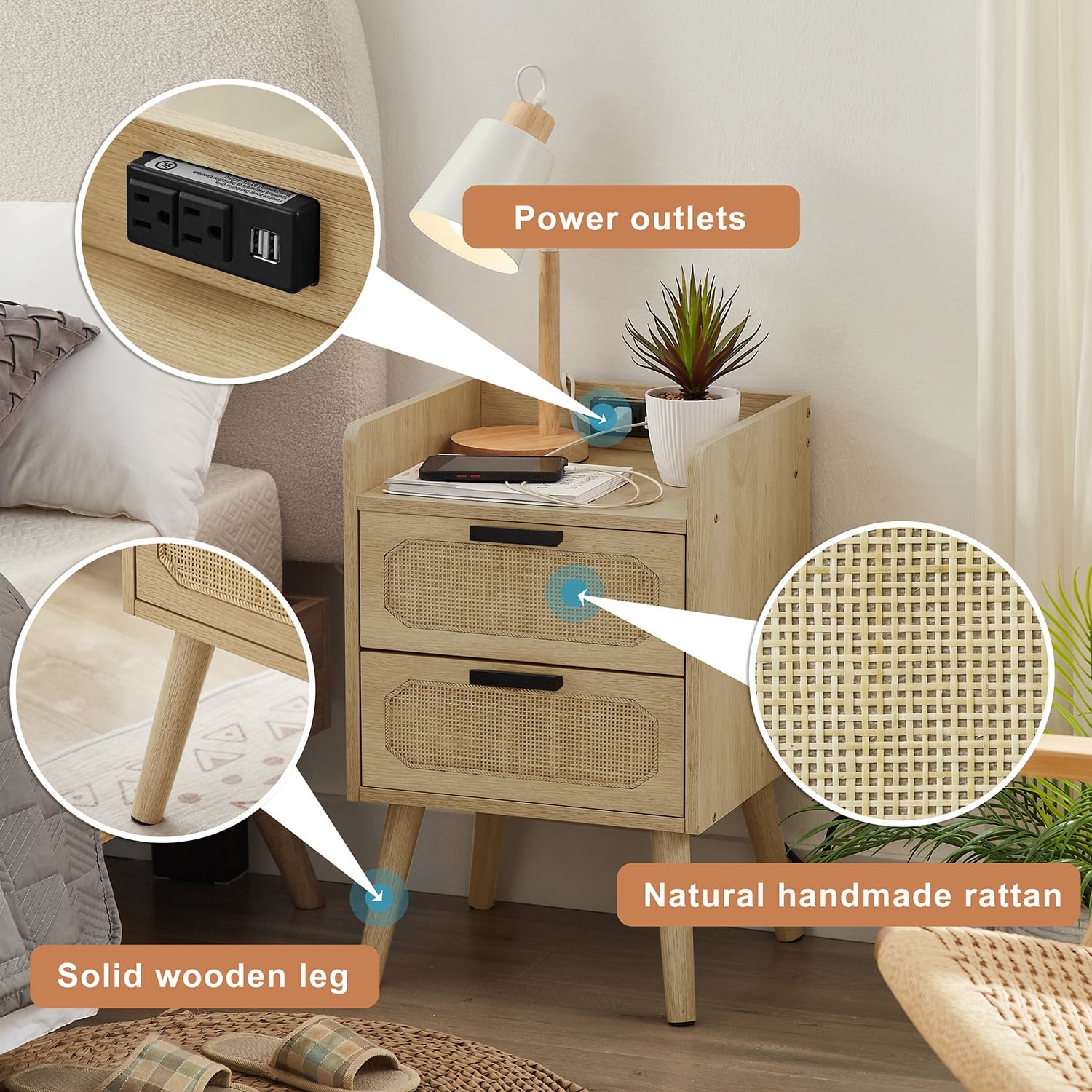 Kadyn Rattan Nightstand, Nightstand Side Table with Socket and 2 Drawers, Bedside Table for Bedroom, Golden Kadyn Rattan Nightstand, Nightstand Side Table with Socket and 2 Drawers, Bedside Table for Bedroom, Golden