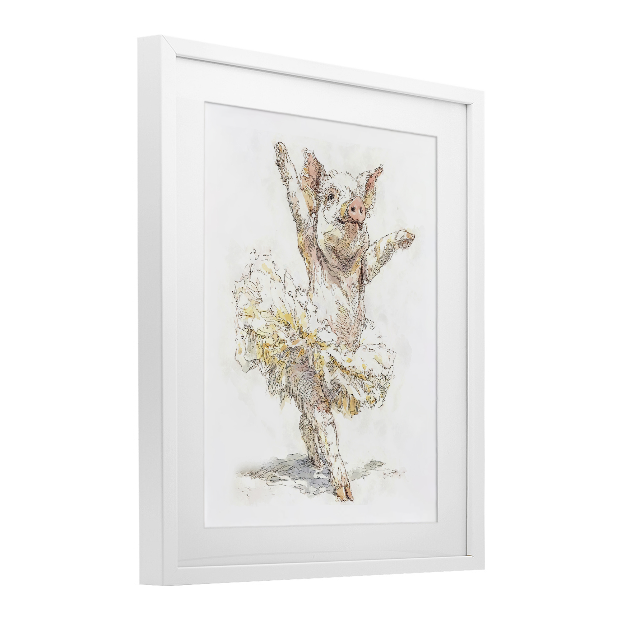 Ballet Pig Tutu White Framed Print Under Glass, design by Ziwei Li