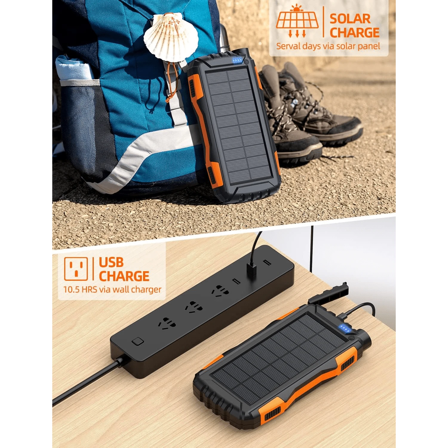 Power-Bank-Solar-Charger - 10000mAh Portable Charger,Solar Power Bank,External Battery Pack 5V3.1A Qc 3.0 Fast Charger Built-In Super Bright Flashlight (Orange)