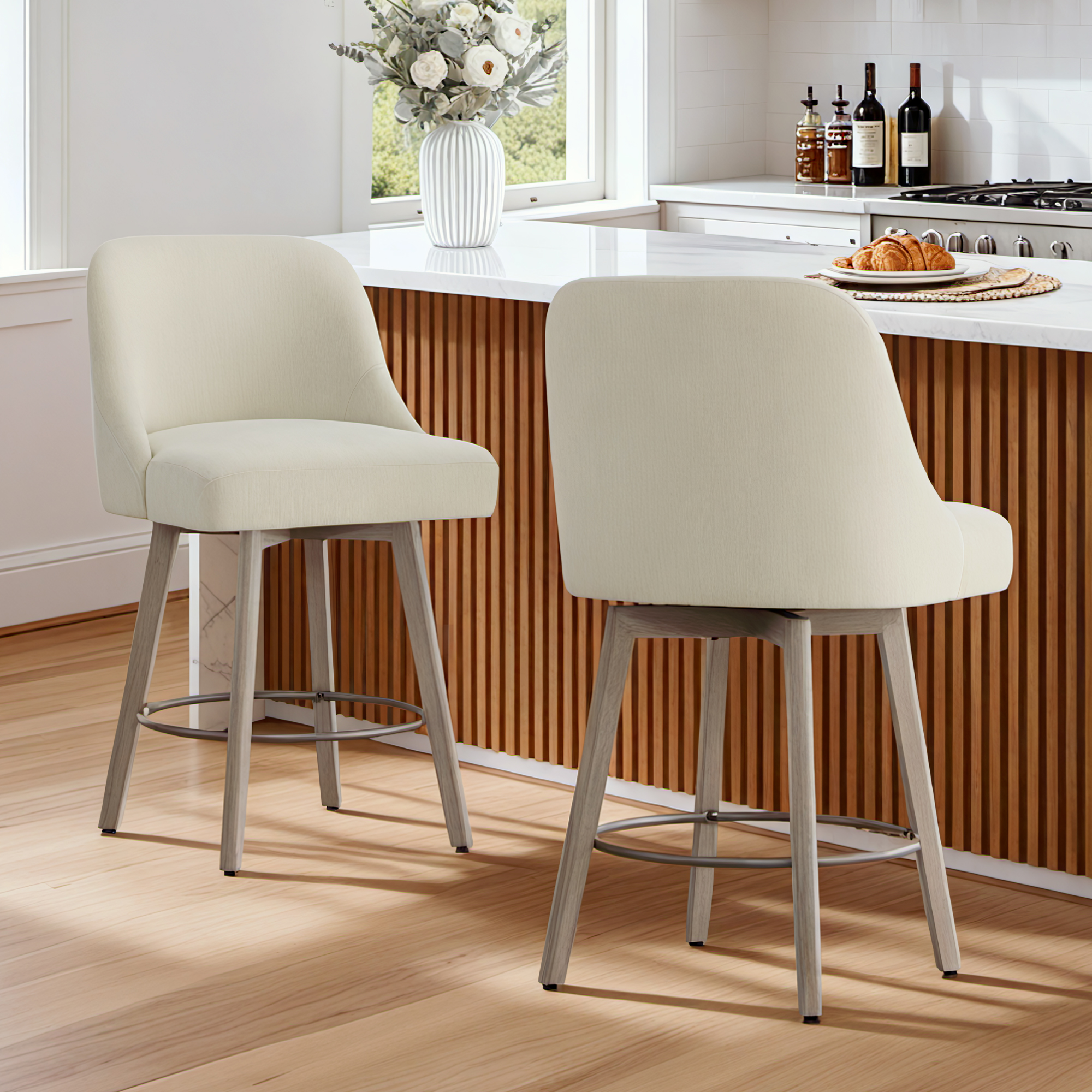 Spruce & Spring Modern Swivel Counter Stool with Upholstered Seat and Rounded Back for Kitchen or Bar Set of 2, Sand