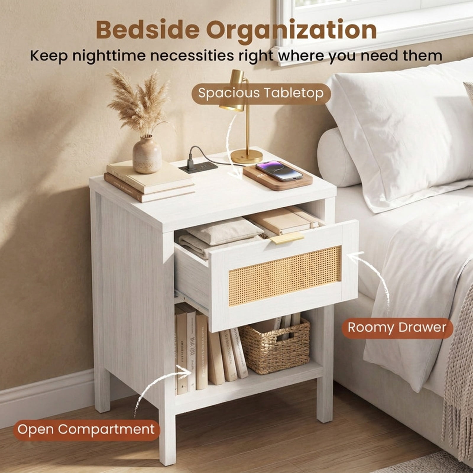 Furnibear Rattan Nightstand with Charging Station and Storage Shelf for Bedroom for Bedroom Living Room Bedside Sofa Side Small Space, White