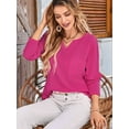 thumbnail image 2 of Womens Tops Waffle Knit Long Sleeve Notched V Neck Shirts Casual Trendy Solid Color Loose Blouses Rose Red L, 2 of 5