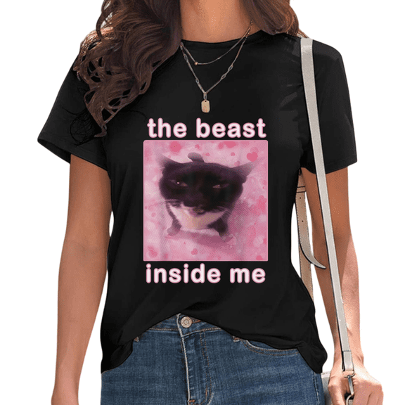 Black The Beast Inside Me Cat Meme Print Tshirt Graphic Tees Shirts Funny Y2K Aesthetic Cat Lover Tops S-5XL