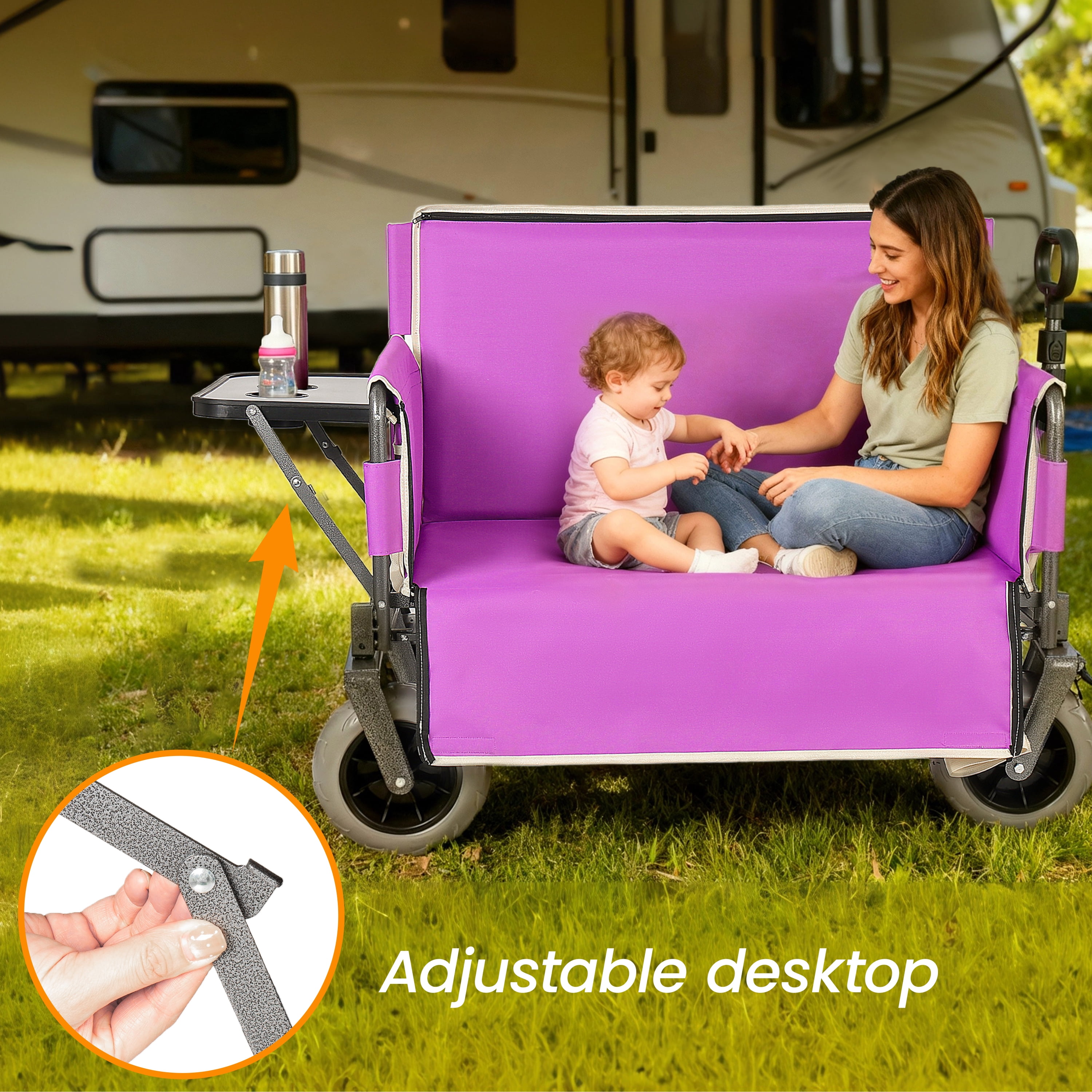3-in-1 Collapsible Folding Wagon Cart, Convertible Bench with Rear Folding Tabletop & Cup Holders, 500lbs 180L Large Capacity, All-Terrain 360° Swivel Wheels for Camping, Beach, Garden, Fishing