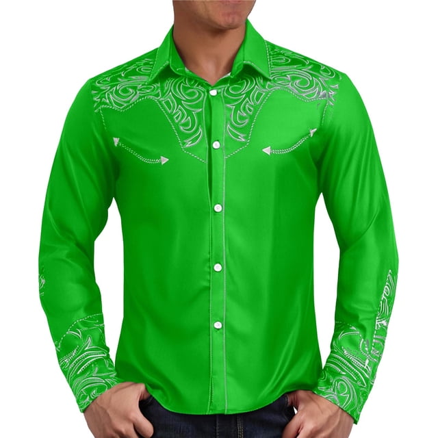 Uinagy Men's Retro Western Denim Pattern Print Lapel Single Breasted Long Sleeve Shirt