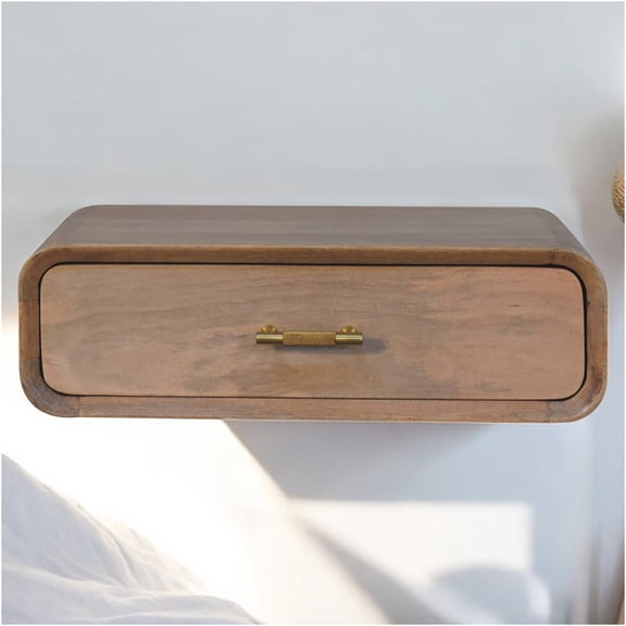 JERFIT Wall Mounted Nightstand with Drawer, Solid Mango Wood Floating Bedside Table, Light Brown Oak Finish, Space-Saving Modern Bedroom Storage