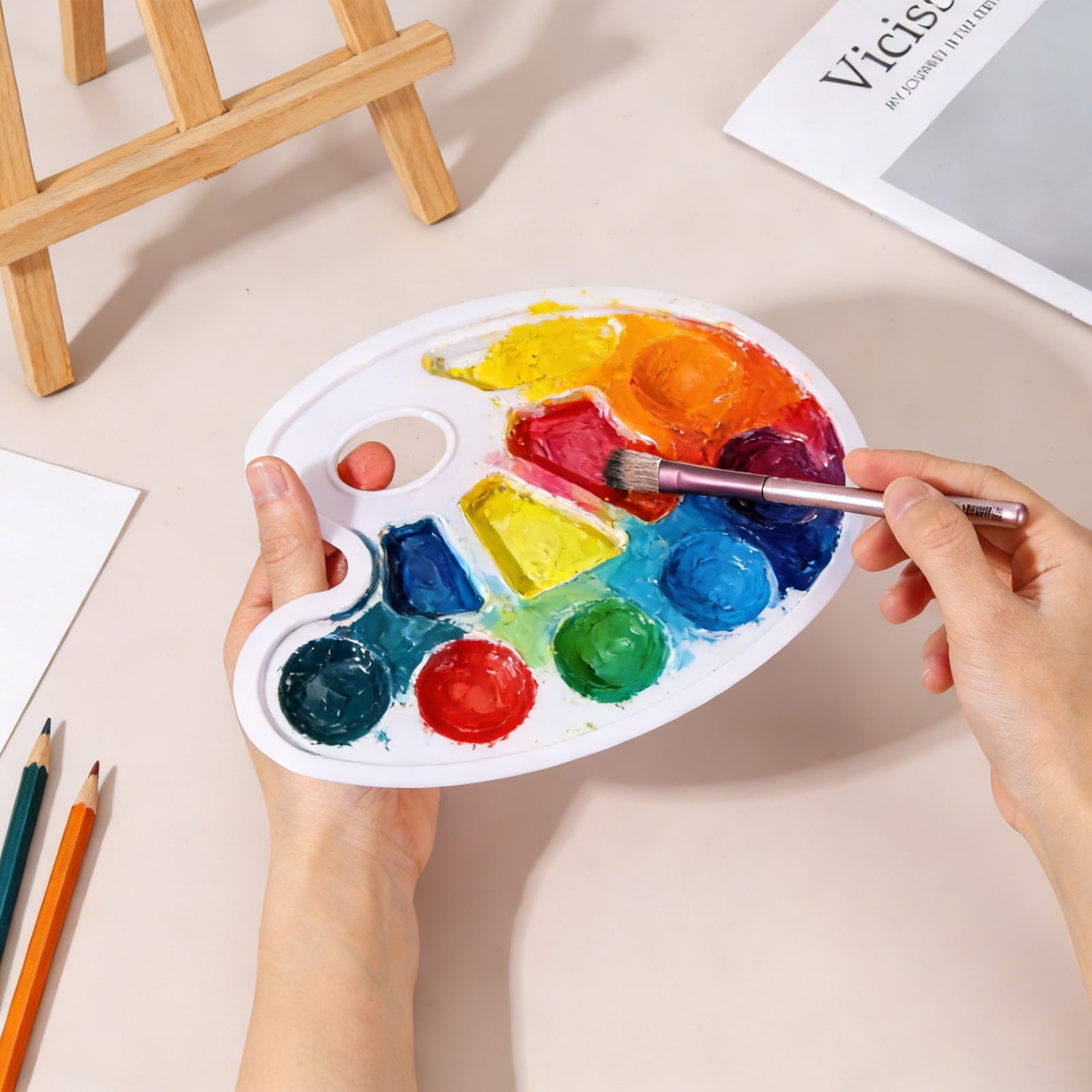 Uxcell Paint Tray Palette, Oval Plastic Watercolor Palette Painting Tray with Thumb Hole for DIY Craft Art Class Painting Party Supplies Paint Holder(White, Pack of 20)