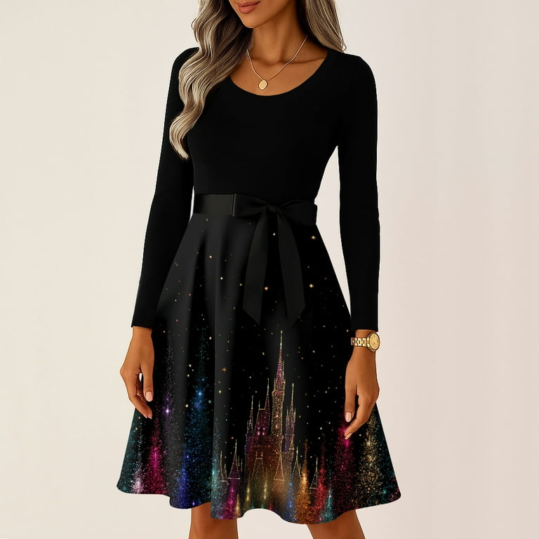 Christmas Dresses for Women Women's Casual Fashion Round Neck Long Sleeve  Christmas Printed Party Vintage Long Dresses for Holiday Gathering,Black,XL  - Walmart.com