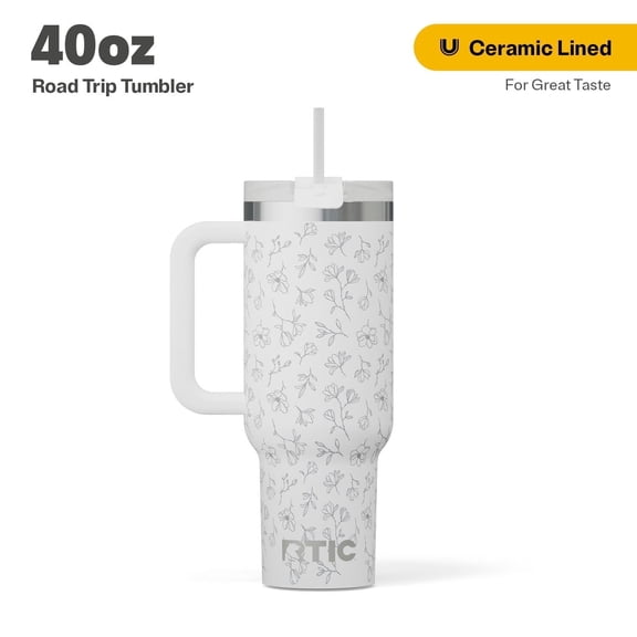 RTIC 40 oz Ceramic Lined Road Trip Tumbler, Leak-Resistant Lid with Straw, White Magnolias